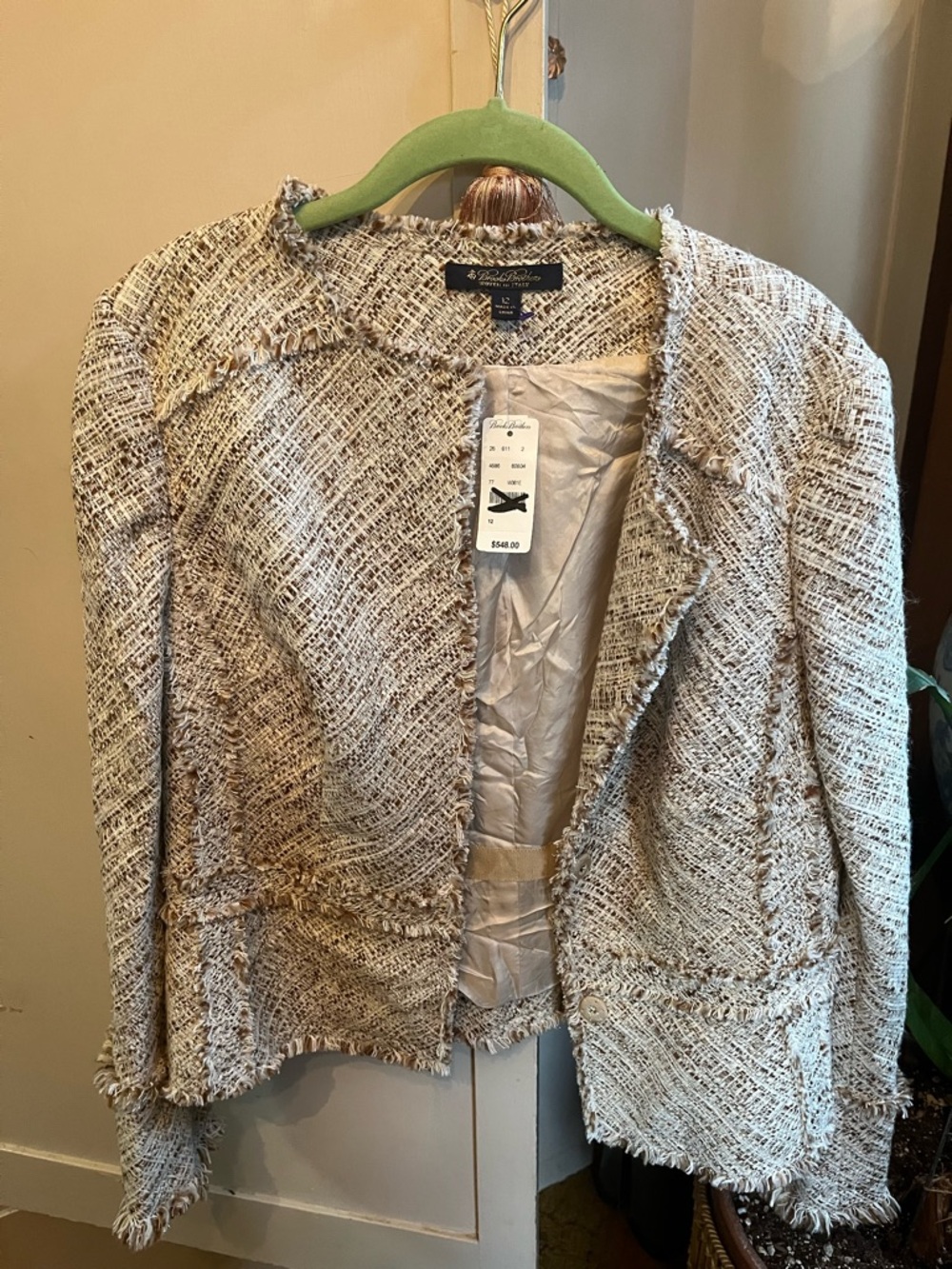 Brooks Brothers Ivory and Tan Tweed Open Jacket
